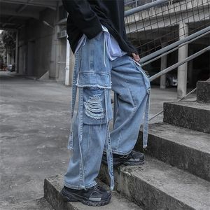 Houzhou Bol kot pantolon erkekler için yırtıldı denim pantolonlar erkek punk rave goth pantolon kargo sokak kıyafeti sonbahar hip hop 220328242c