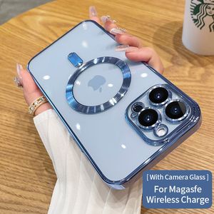 Magsafe用の豪華なメッキの透明な磁気ケースソフトTPUショックプルーフiPhone用レンズガラスプロテクター15 14 13 12 11 Pro Max Xr XS 8 7 Plus