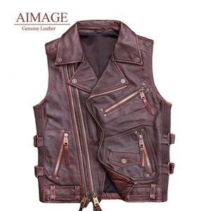 Gilet da uomo Elegante uomo Mucca Gilet in vera pelle Tuen Collare Jaqueta Colete Masculino Multi Cerniera Campeggio Pesca Escursionismo Veste Homme PY7 230909