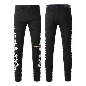 Мужские джинсы для мужчин Джинсы скинни Дизайнерские брюки рваные облегающие с косточкой Черные байкерские джинсовые эластичные мотоциклетные модные длинные до колена St290Y