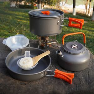 Camp Kitchen Camping-Kochgeschirr-Set, Aluminium, tragbar, Outdoor-Geschirr, Kochset, Kochset, Pfanne, Schüssel, Wasserkocher, Topf, Wandern, Grillen, Picknick, 230909