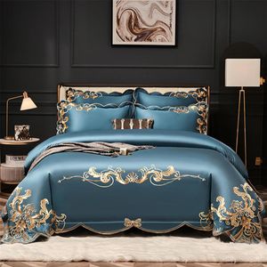 High-end ouro bordado conjunto de cama luxo 4 pçs azul egito algodão capa edredão folha linho fronhas cor sólida casa textil328t