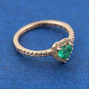 Rose Gold Plated Sparkling Elevated Heart Ring med Green Cubic Zirconia Fit Pandora Jewelry Engagement Wedding Lovers Fashion Rin228e