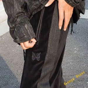 Men's Pants Hip-Hop Joggers Black Stripes AWGE Rocky Pants Women Men Casual Butterfly Embroidery Velvet Sweatpants Japan Needles Trousers T230910