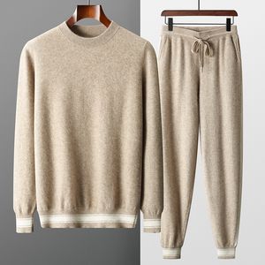 Men's Tracksuits 100 Goat Cashmere Twopiece Knitting Round Neck Pullover Autumn Winter Thickened Slimfit Pants Color Contrast Warm Suit 230909