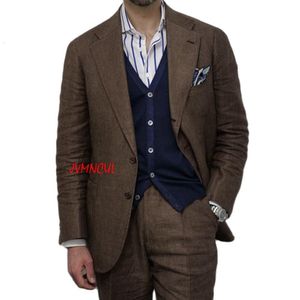 Men's Suits Blazers Linen Suit 2Piece Slim Fit Single Breasted Brown Coffee Blazer Sets Gentleman Jacket With Pants Male Clothing Big Size 230909