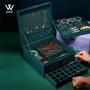 Oversize Green Flannel Stud Jewelry Organizer 3layers Large Ring Necklace Makeup Case Velvet Box with Lock for Women 230814