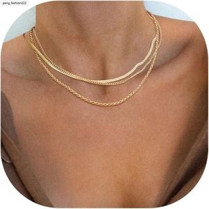 Freekiss Women's Herringbone Necklace Exquisite Gold Necklace 14k Gold Plated Snake Gold Chain Neckchain Simple Gold Layered Necklace Women's Gold Jewelry Gift