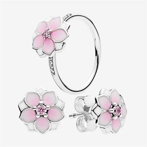 Rosa blomma söta smycken set ring och studörhänge med originallåda för pandora 925 sterling silver ringar örhängen set för kvinnor218q