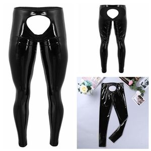 Calcinha feminina mens lingerie brilhante patente couro aberto de volta e bolsa calças apertadas crotchless leggings calças sexy male267y