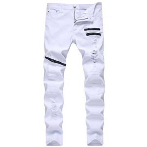 straight hole destruction trousers distressed jeans men denim trousers men jeans fashion designer brand white jean male X0621237Q