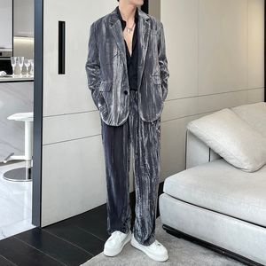 Men's Suits Blazers Winter Velvet Suit Men Fashion Social Mens Dress Set Korean Loose Casual Blazer Pants Sets Office Formal Black Grey 230909