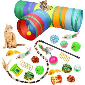 Gato brinquedos 20 pçs kit túnel dobrável 3 buracos indoor gatinho pena teaser varinha ratos bolas sino pet dentes limpo diversão canal202m