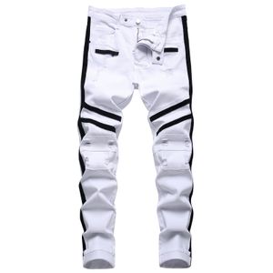 Men's Jeans Punk Men Zipper Hip Hop Slim Fit White Bike Elastic Split Denim Pants Cotton Fashion Casual Jogging Male Clothing 230909