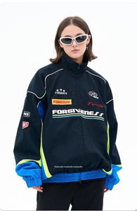 2023 Sonbahar/Kış Tasarım Mavi Yarış Takımı Sıradan çok yönlü gevşek moda polo yaka şarj ceketi