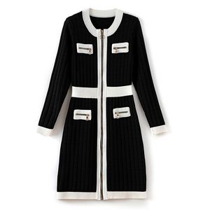 2023 Summer Black Contrast Color Panelled Dress Long Sleeve Round Neck Knitted Knee-Length Casual Dresses S3S08M0932320507