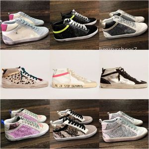 10A Top Quality Itália Marca Mid Slide Star High-Top Sneakers Mulheres Sapatos Dourado Rosa-Ouro Glitter Clássico Leopardo Branco Do-Old Dirty Designer Shoe