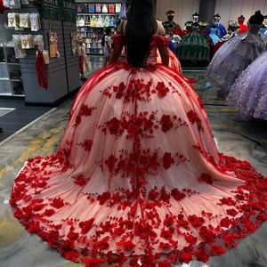 Red Lace Appliques Quinceanera Dresses Ball Gown Off Shoulder Puffy Sweet 16 Dress 3D Flowers Beading Celebrity Party Gown