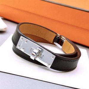 Marca popular jewerlry pulseira de couro genuíno para mulheres pulseira de aço inoxidável duplo tour293m
