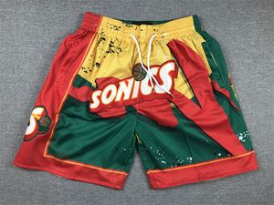 Sonic Basketball Shorts Seattle Hip Pop Running Pant With Pocket Zipper Stitched Green Red Size S-XXL
