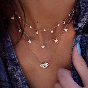 Vintage Gold Color Crystal Water Drop Star Eye Pendant Necklace For Women Boho Charm Layered Halsband Halsar 6384271Q