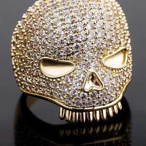 Anel de caveira gelado masculino, anel de prata e ouro de alta qualidade com diamante completo, anéis de hip hop, joias 328w