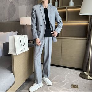 Men's Suits Blazers Blazer Pants Fashion Business British Style Double Breasted Slim Solid Color Casual Korean Version Host 2piece Set 230909