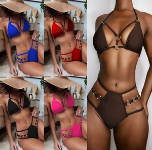 Hollow Out Sexy Bikini 2023 High Waist Bandage Fashion Swimsuit Women Swimwear Steel Ring Brazilian Bathing Suit Female Brazilian Biquinis Fashion Push Up Swim Suit