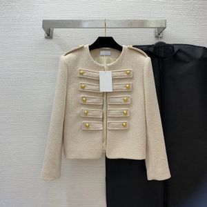 2023 Autumn Apricot Solid Color Tweed Jacket Long Sleeve Round Neck Buttons Double-Breasted Jackets Coat Short Outwear B3S081806