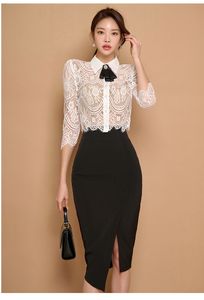 Vestido de duas peças verão elegante 2 peças conjunto feminino arco rendas topos + cintura alta fenda lápis saias casual simples escritório saia terno 2024