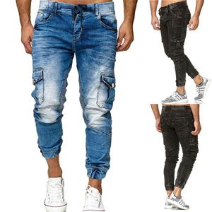 2021 Spring New Tide Men's Cargo Jeans Fashion Multiple Pockets Jean Man Oversized Water Wash Denim Pants Pantalon Cargo Homm266M