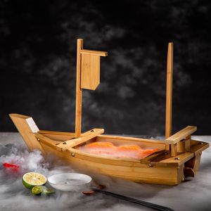 Creative Bamboo and Wood Sushi Ship Sashimi Set Plate Japanese Cuisine Hot Pot Seafood Set Plate Raw Fish Slice Wooden Bowl