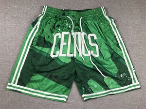 Celtices Basketball Shorts Bostons Hip Pop Running Pant With Pocket Zipper Stitched Green Size S-XXL