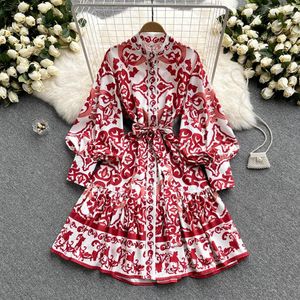 Palace retro dress 2023 spring and autumn new stand-up collar print lantern sleeve waist tie single-breasted shirt skirt236d