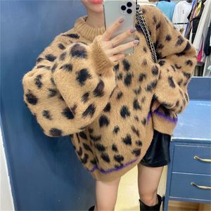 Koreansk chic höst och vinter Nytt retro temperament tomgång stil leopard tryck rund hals lös profil pullover kvinnors mode