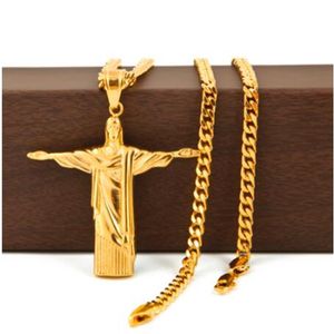 Ciondolo croce Cristo Redentore in oro in acciaio inossidabile Brasile Statua di Rio De Janeiro Pezzo di Gesù con collana a catena cubana da 5 mm2289