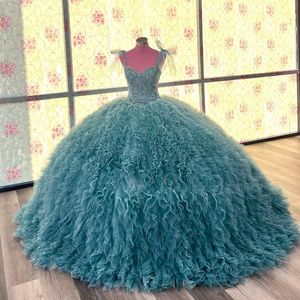 Sea Blue Sweetheart Spaghetti Strap Princess Quinceanera Dresses Pärlor Crystal Tull Tiered Lace-Up Corset Vestidos de 15 Anos