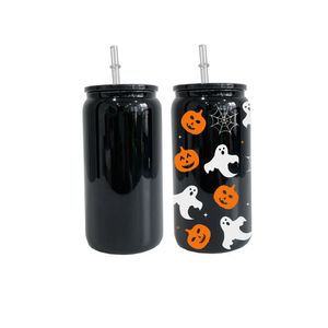 versandfertig Glatte, solide, glänzende schwarze 16-Unzen-DIY-Kaltgetränke-Bier-Soda-Glasdose für Kaffeetasse mit durchsichtigem Kunststoffdeckel für UV-DTF-Folien und Vinyl