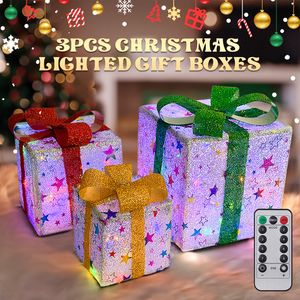 Weihnachtsdekoration, 3 Stück, weihnachtlich beleuchtete Geschenkboxen, Dekorationen, vorbeleuchtete Lichter, 8 Modi, leuchtende Geschenkboxen, Set, Weihnachtsbaumrock-Ornament 230911