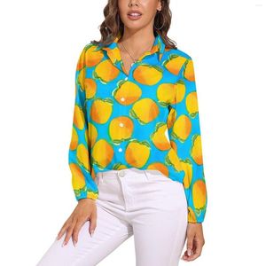Kvinnors blusar akvarell Oranges Blus Bright Fruit Print Vintage Graphic Woman Long-Sleeve Street Fashion Shirts Overdimensionerade toppar