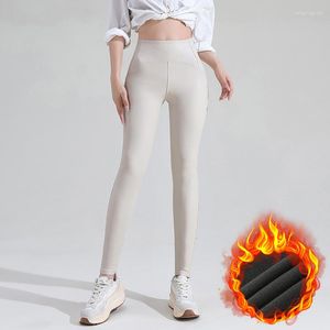 Kvinnors leggings pu läderbyxor kvinnor höst vinter fleece elastisk hög midja smal skinny vindtät varm sexig ben