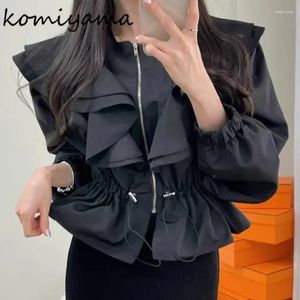 Women's Trench Coats Komiyama Patchwork Ruffles DTAWString Tunik Kurtki Feminino Long Sleeve Zipper Jaquetas Autumn Vintage Casaco