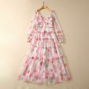 2023 Pink Floral Print Paneled Tulle Stringy Selvedge Backless Dress Long Sleeve V-ringen Long Maxi Casual Dresses S3Q060705