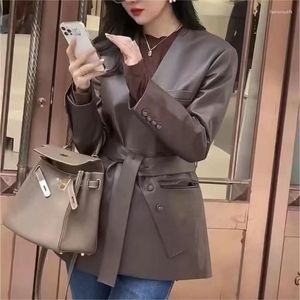 Women's Leather Jacket Women Sheepskin Coat Autumn Winter Fashion Simple Casual V-Neck Belt Slim Coffee/Green Suit Chaquetas Cuero Mujer