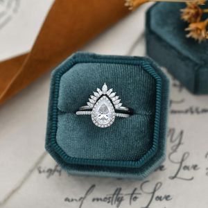 Anéis de cluster luxo em forma de pêra 2 moissanite14k ouro mulheres conjunto noivado acessórios de casamento de alta qualidade anel de jóias de moda