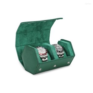 Obserwuj pudełka 2 gniazda zielone zegarki Roll Cage Uchwyt Pudełko Travel Tray Jewelry Organizer Organizator Przenośny skórzany prezent