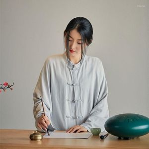 Etniska kläder sommaren 2023 bomullslinne fast färg toppar mjuk lös zen service cardigan skjorta kinesisk stil hanfu för kvinnor