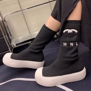 Chanells Chaannel Womens Ankle Boots Designer Luxurys Platform Heels Knit Chanellies Sock Boot Strip Stretch Elastic Casual Shoe Ladies Snow Boot Classic Black Brow