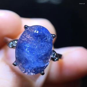 Klusterringar naturliga blå rutilerade dutieritkvarts justerbar ring 12.2/8.8mm oval blomma pärla kvinnliga smycken