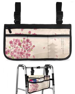 収納バッグチェリーブロッサムフラワータワーポケット付きアームレストサイド電気スクーターウォーキングフレームポーチ付き日本の車椅子バッグ